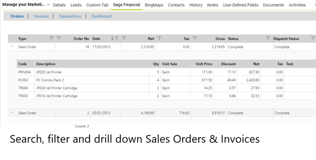 Search, filter and drill down into Sales Orders and Invoices
