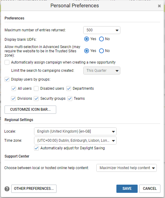 Maximizer CRM basic preferences