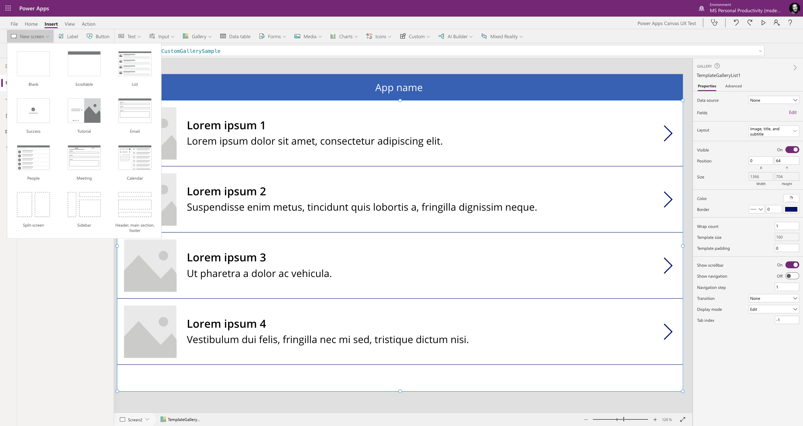 Add quick, preconfigured screens like lists, email forms, tutorials, and more through the New Screen drop-down.