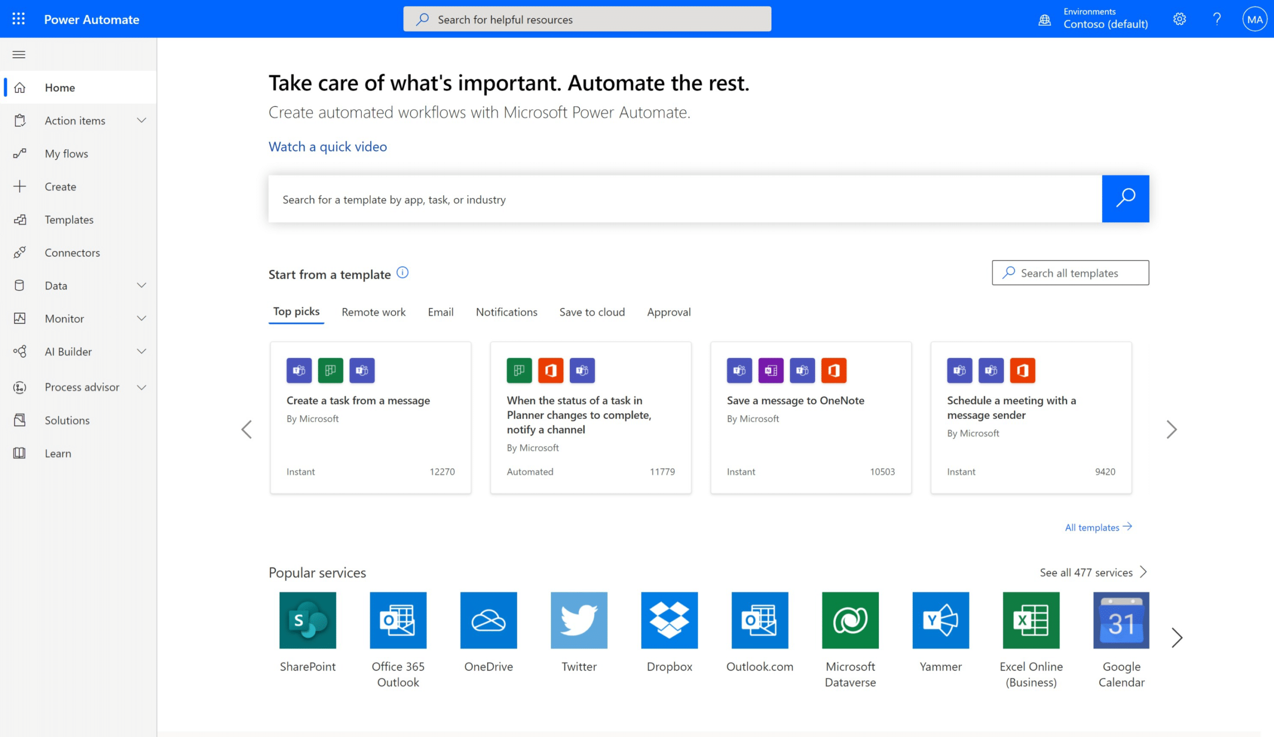 Power Automate online is a centralised hub for everything Power Automate. Access flows, data, analytics, AI Builder, process advisor, and more.