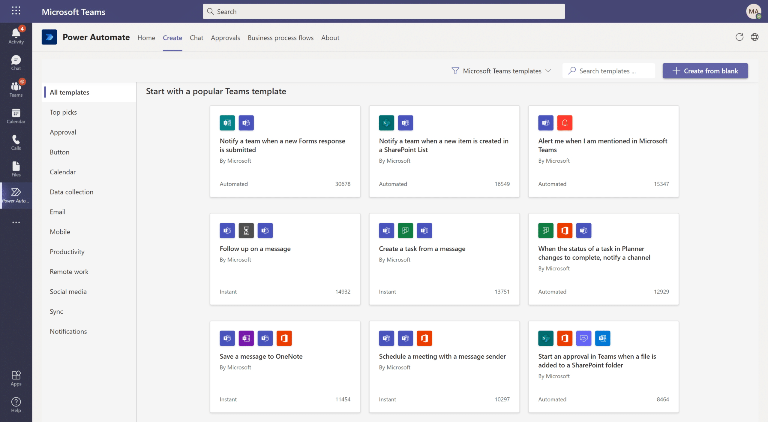 The Power Automate app in Microsoft Teams puts automation in the hub for teamwork. Create and manage cloud flows and business process flows without leaving Teams, using a variety of pre-built templates or starting from scratch.