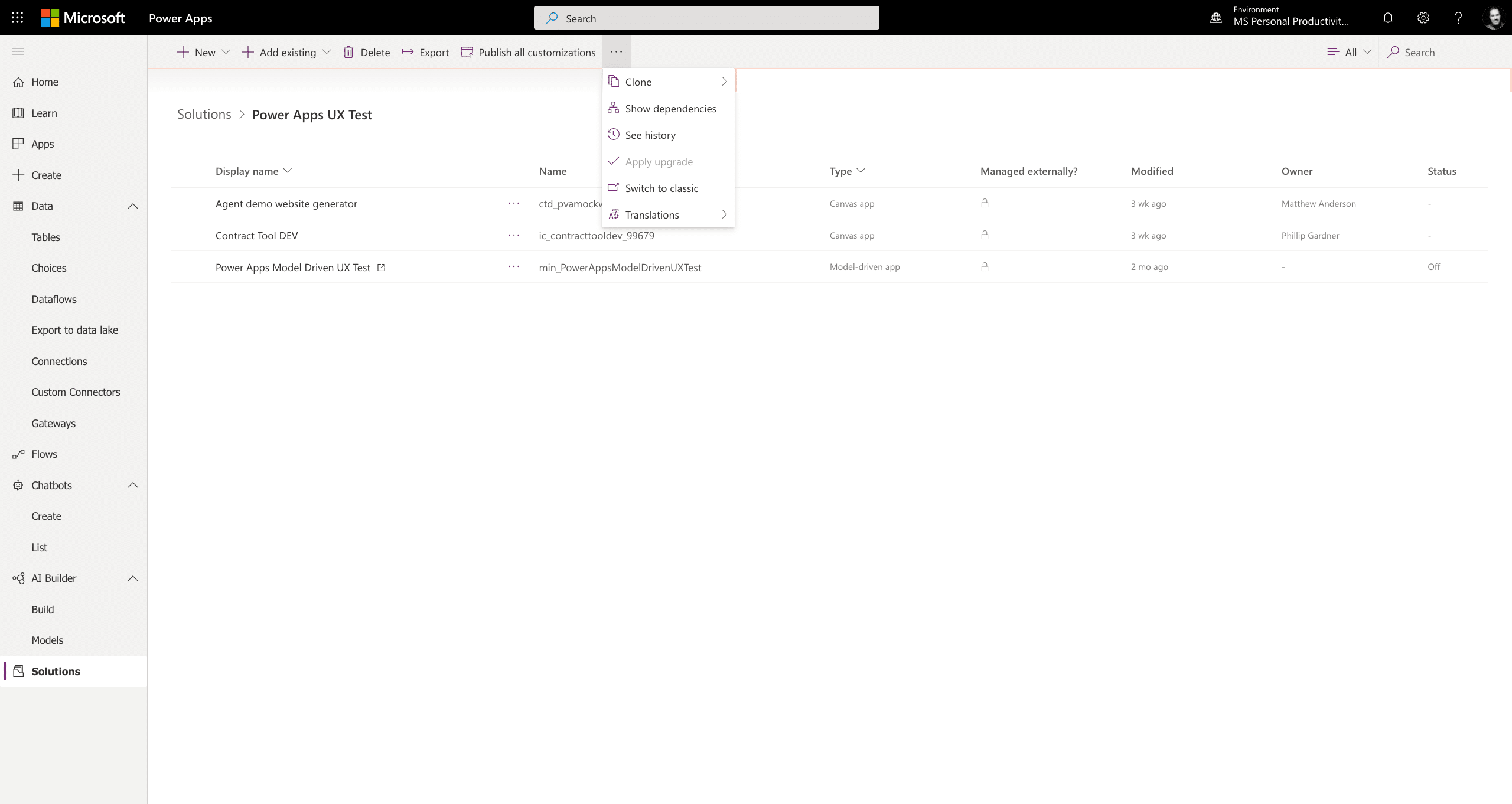 3. Quickly build a solution by importing apps and experiences from throughout the portal, then manage the solution, deploy to different environments, export/import, and more.